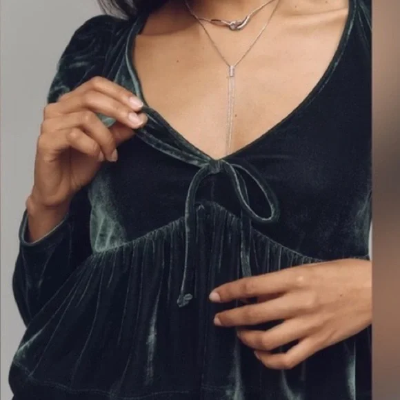 Anthropologie Long Sleeve XS Elegant Velvet Green Top - Picture 2 of 3